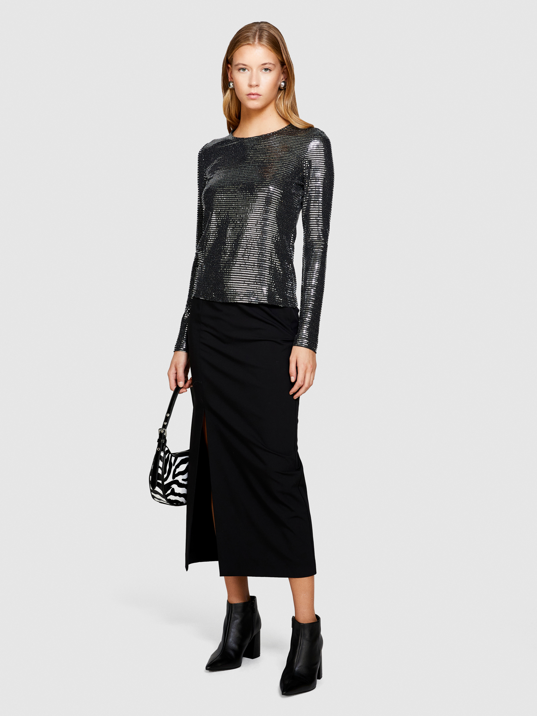 Sisley - Midi Skirt With Slit, Woman, Black, Size: 38