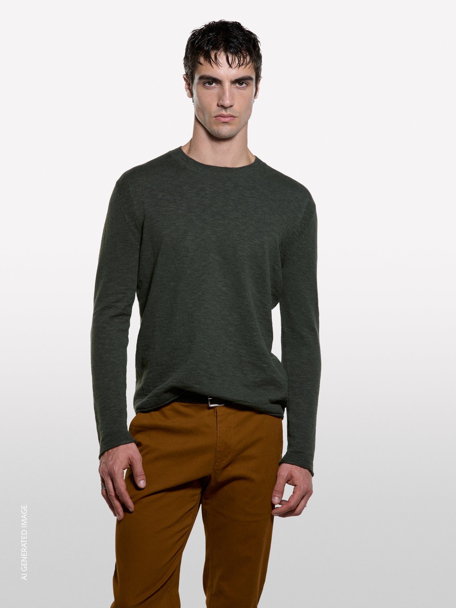 Military green regular fit sweater with crew neck