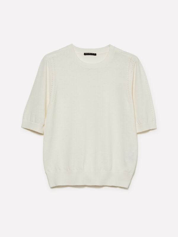 Cream white sweater with short sleeves  - women's crew neck sweaters | Sisley