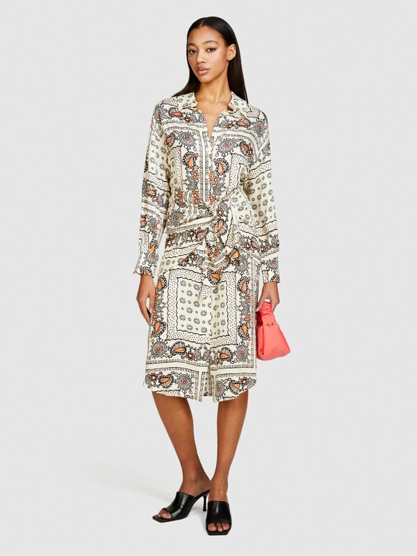 Printed shirt dress with sash - women's midi dresses | Sisley