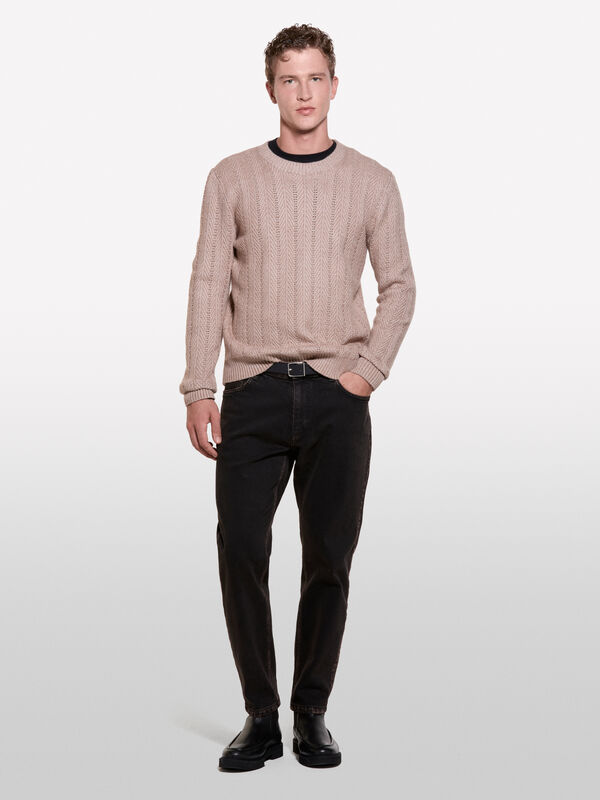Beige herringbone sweater - men's crew neck sweaters | Sisley