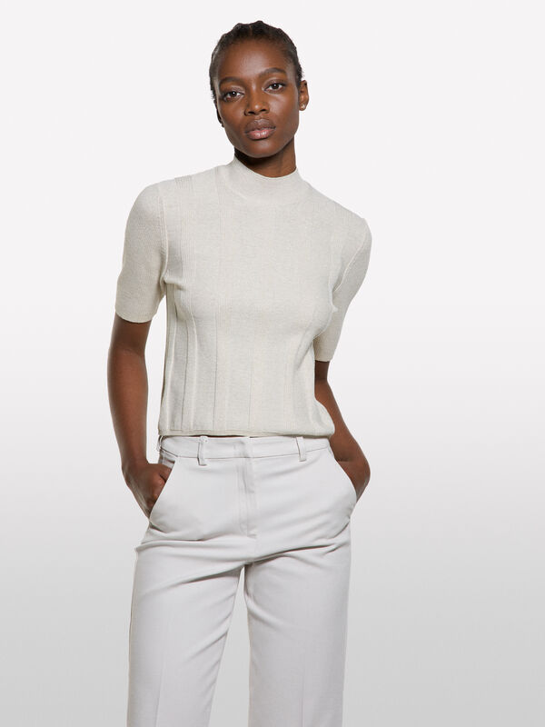 Cream white sweater with lurex inserts - women's high neck sweaters | Sisley