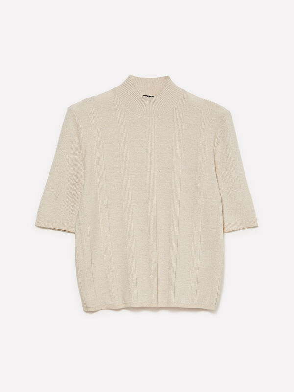 Cream white sweater with lurex inserts - women's high neck sweaters | Sisley