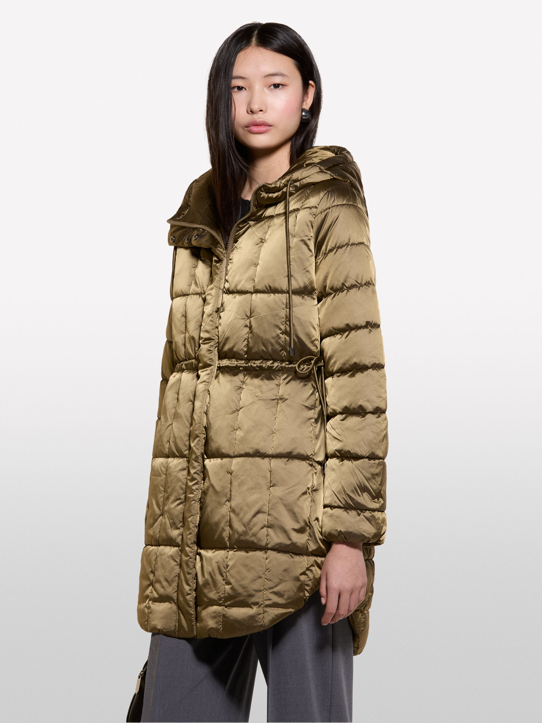 Padded parka in brown nylon satin Military Green Sisley