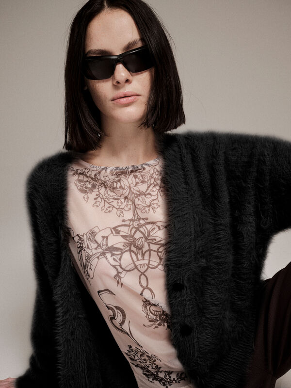 Beige t-shirt in tulle with print - women's tops | Sisley