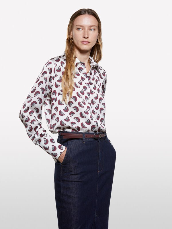 Cream white shirt in printed satin - women's shirts | Sisley