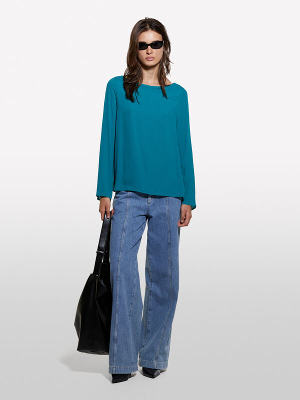Teal green blouse with boat neck - women's blouses | Sisley
