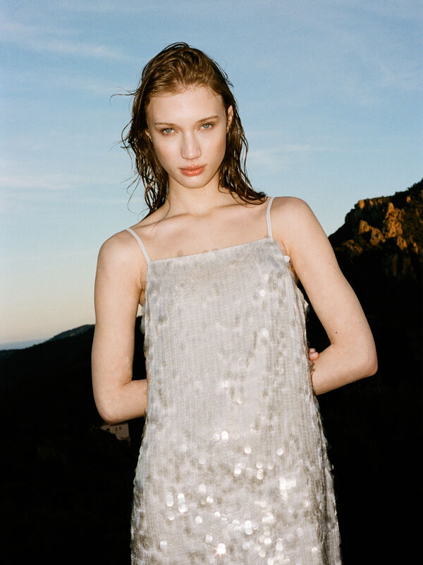 Gray dress with sequins - women's short dresses | Sisley