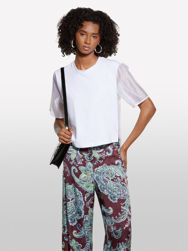 White t-shirt with sheer features - women's short sleeve t-shirts | Sisley
