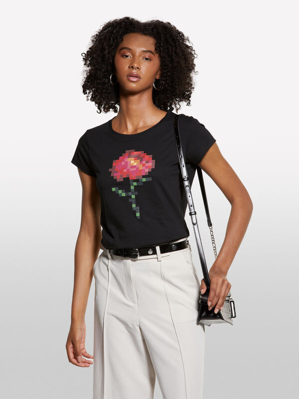 Black t-shirt with flower print - women's short sleeve t-shirts | Sisley
