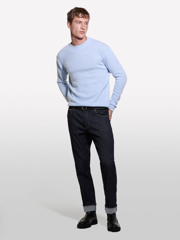 Light blue crew neck sweater in wool blend - men's crew neck sweaters | Sisley