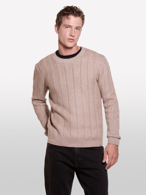 Beige herringbone sweater - men's crew neck sweaters | Sisley