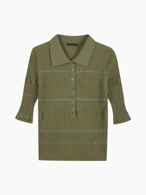 Military green ribbed knit polo sweater - sisley k v-neck sweaters | Sisley K