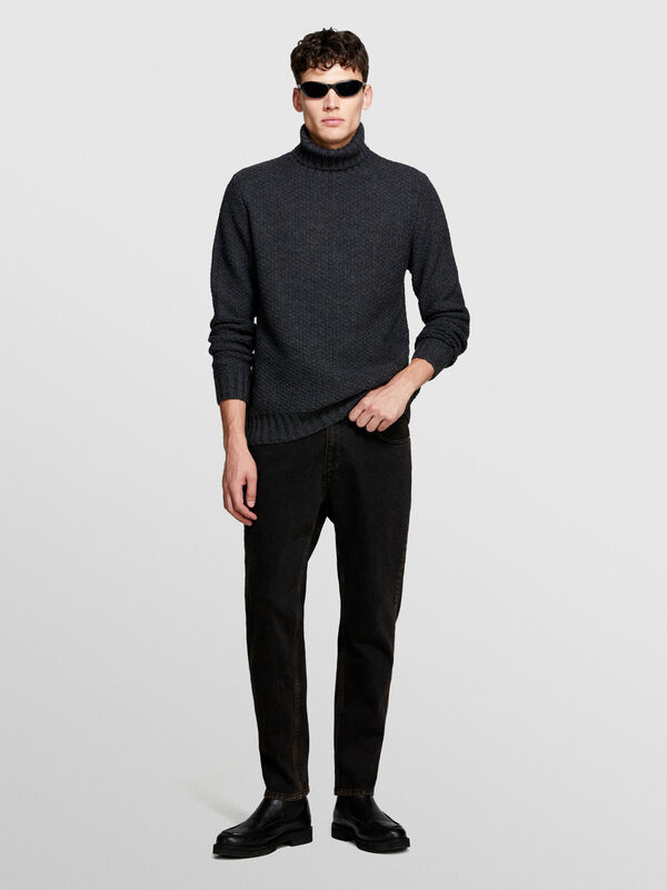 Dark gray textured sweater with high neck - men's high neck sweaters | Sisley