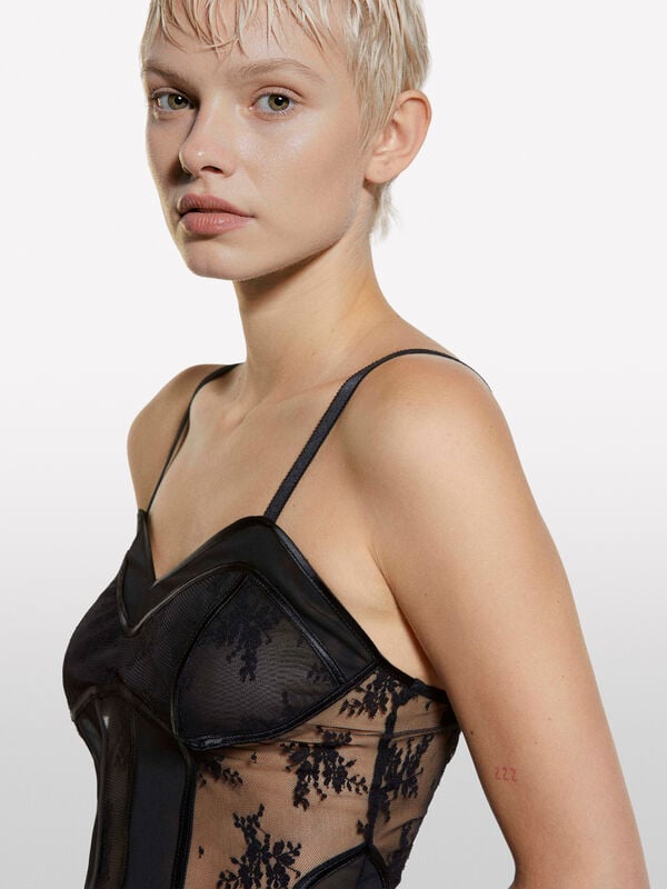 Black lace and tulle top - women's tops | Sisley