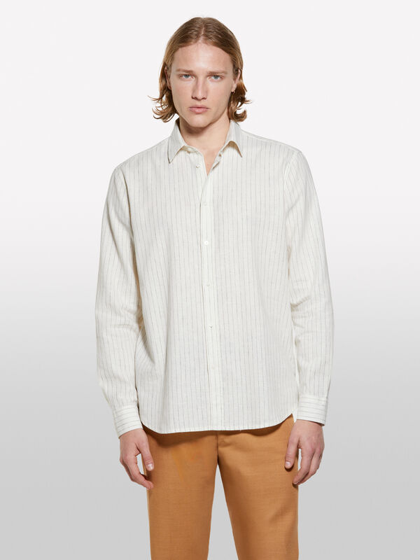 Beige striped linen blend shirt - men's regular fit shirts | Sisley