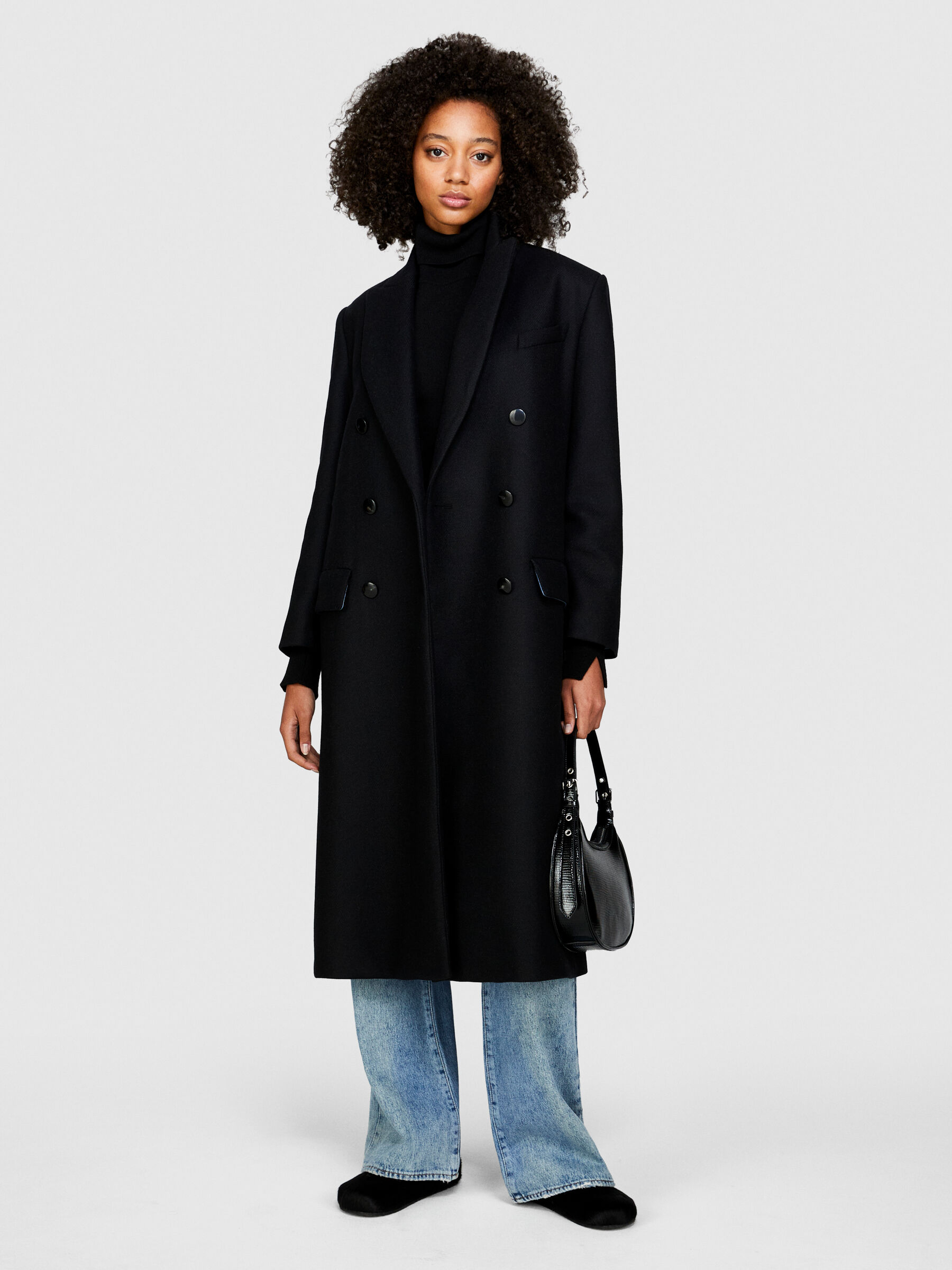 Long black double discount breasted coat womens