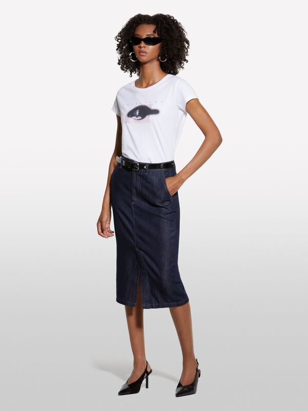 Dark blue denim slim fit midi skirt - women's midi skirts | Sisley