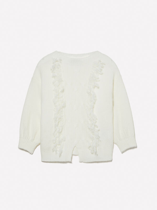 Creamy white sweater with cable knit and fringes - girls' knitwear | Sisley Young