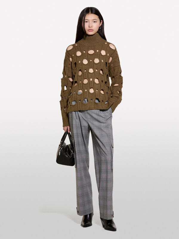 Brown open-knit sweater - women's high neck sweaters | Sisley