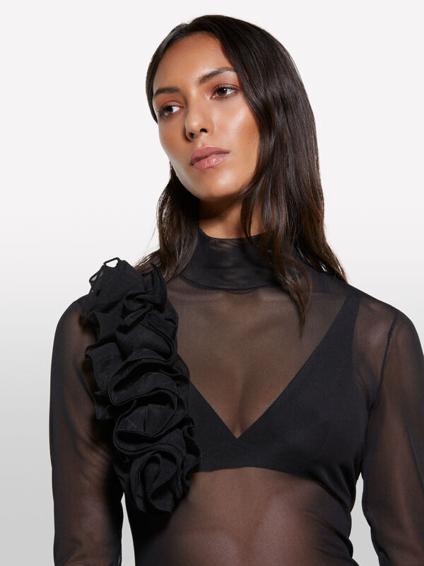 Black tulle t-shirt with flowers - women's long sleeve t-shirts | Sisley