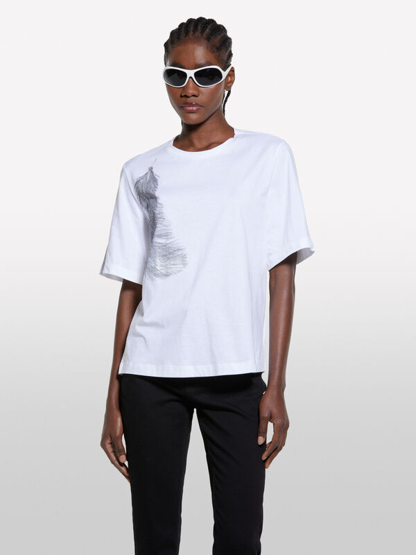 White t-shirt with feather print - women's short sleeve t-shirts | Sisley