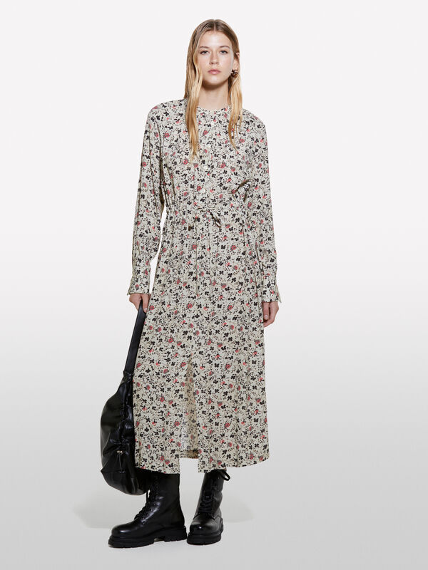 Cream white printed shirt dress with slit - women's midi dresses | Sisley