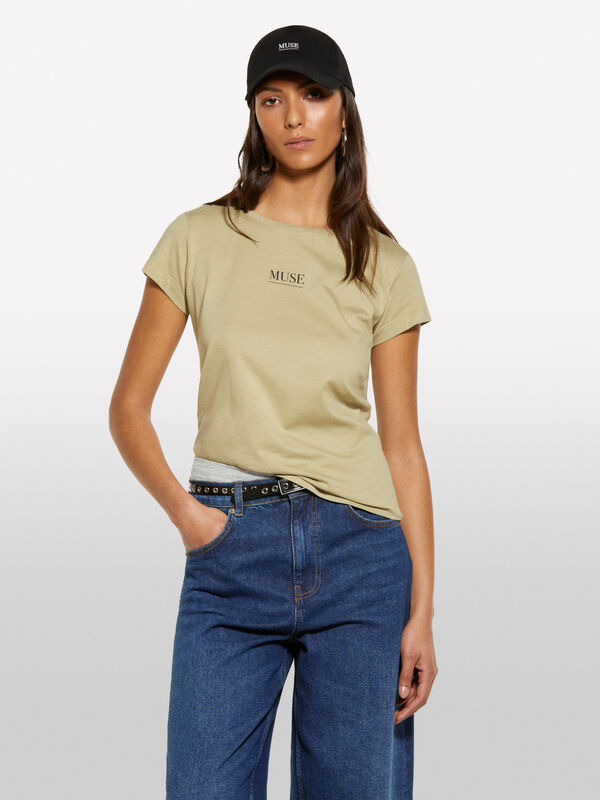 Military green t-shirt with print  - women's short sleeve t-shirts | Sisley
