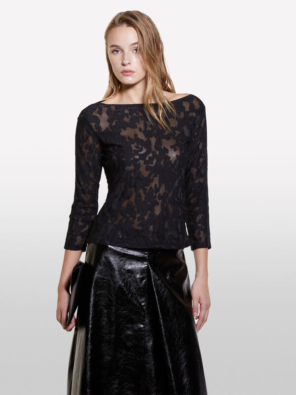 Black t-shirt in fil coupé - women's tops | Sisley