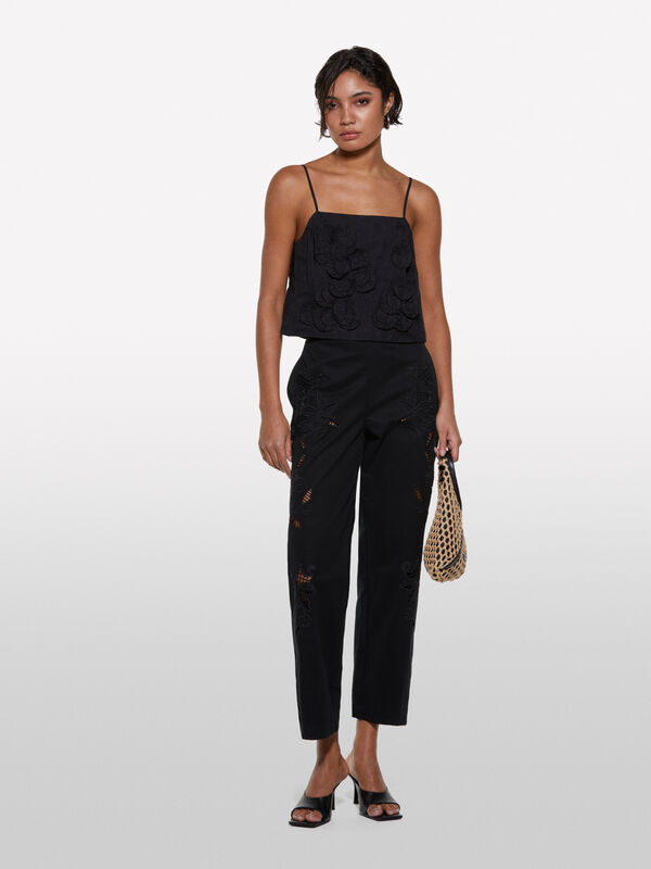 Black cropped top with flowers - women's tops | Sisley