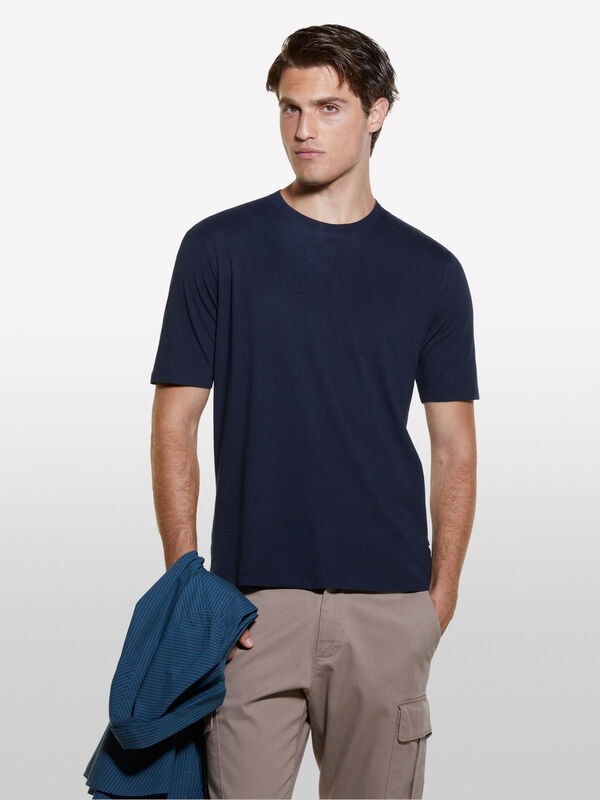 Dark blue 100% organic cotton crew neck t-shirt - men's short sleeve t-shirts | Sisley