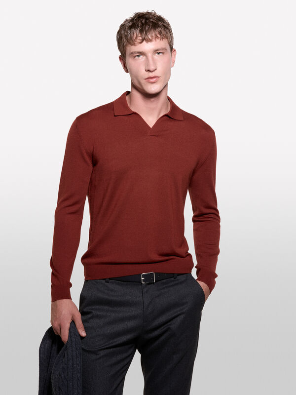 Burgundy knit polo - men's v-neck sweaters | Sisley