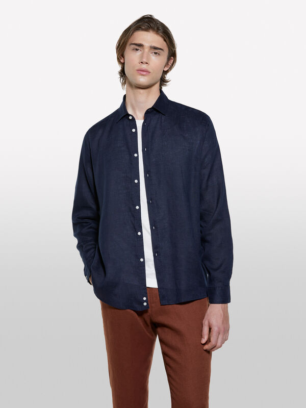 Dark blue 100% linen shirt - men's regular fit shirts | Sisley