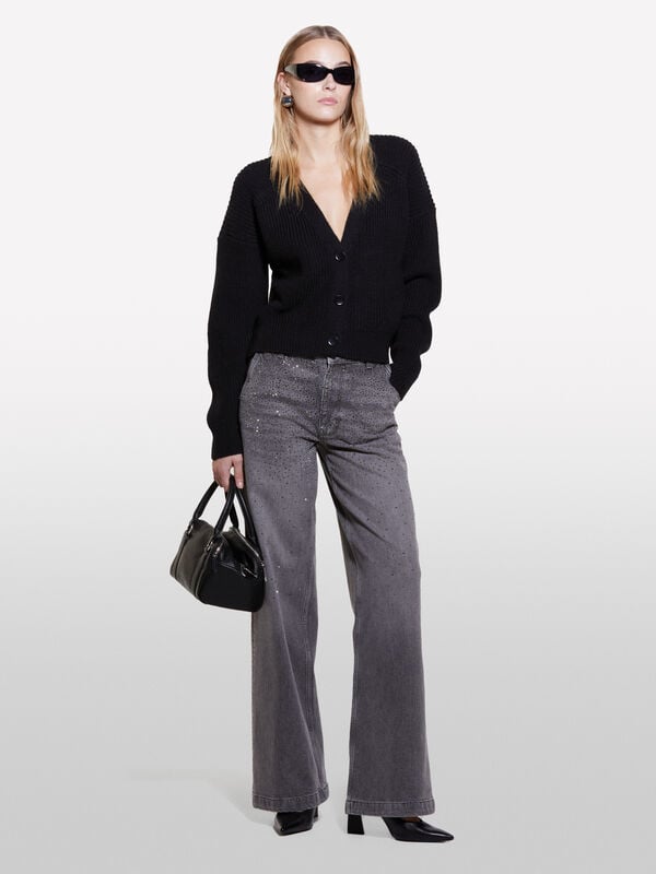 Dark gray jeans with rhinestone - women's relaxed fit jeans | Sisley