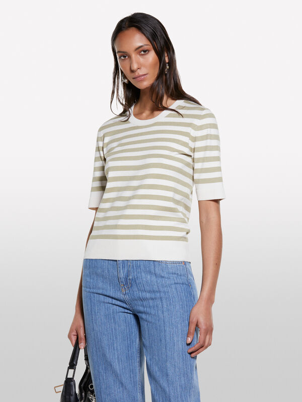 Beige and cream white striped sweater - women's crew neck sweaters | Sisley