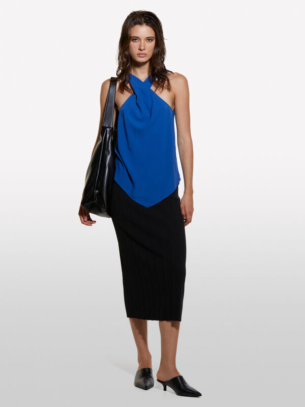 Blue top with twisted neckline - women's tops | Sisley