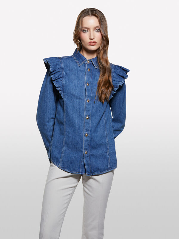 Blue denim shirt with frill - women's shirts | Sisley