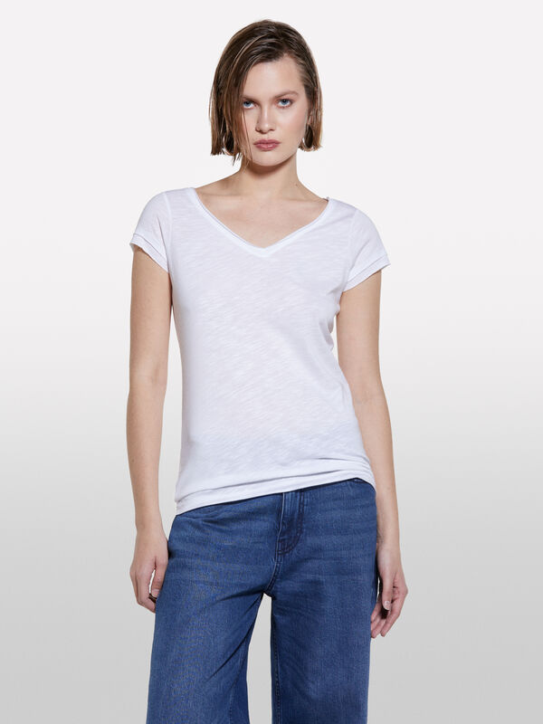 White V-neck t-shirt - women's short sleeve t-shirts | Sisley