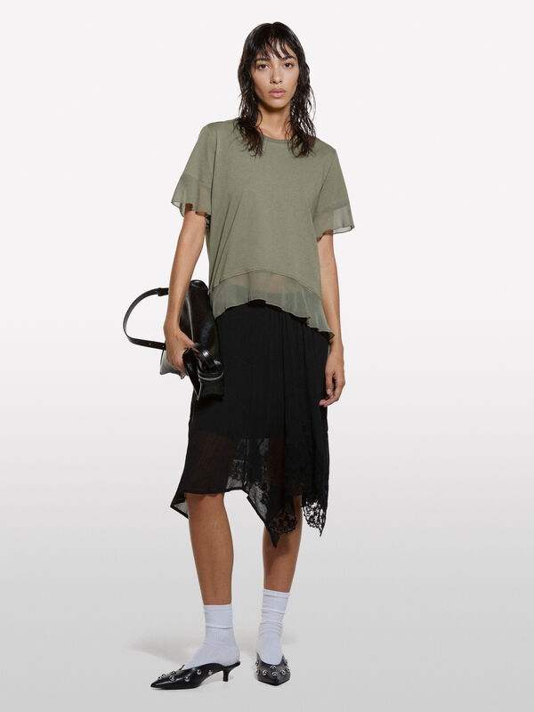 Military green t-shirt with rouches - women's short sleeve t-shirts | Sisley