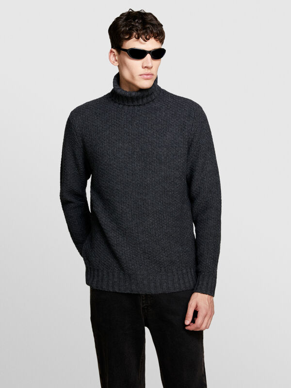 Dark gray textured sweater with high neck - men's high neck sweaters | Sisley