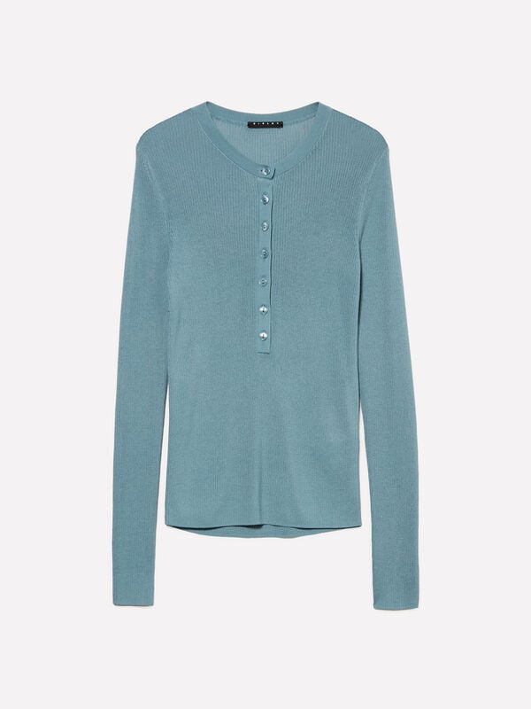 Powder blue Henley top - women's crew neck sweaters | Sisley