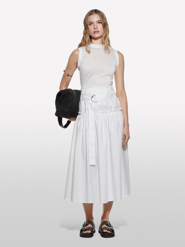White flared skirt with belt - women's midi skirts | Sisley