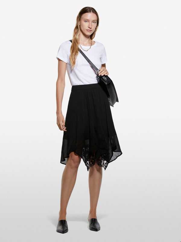 Black uneven skirt in lace and chiffon - women's midi skirts | Sisley