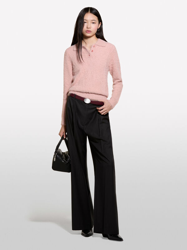 Light pink faux fur polo - women's v-neck sweaters | Sisley