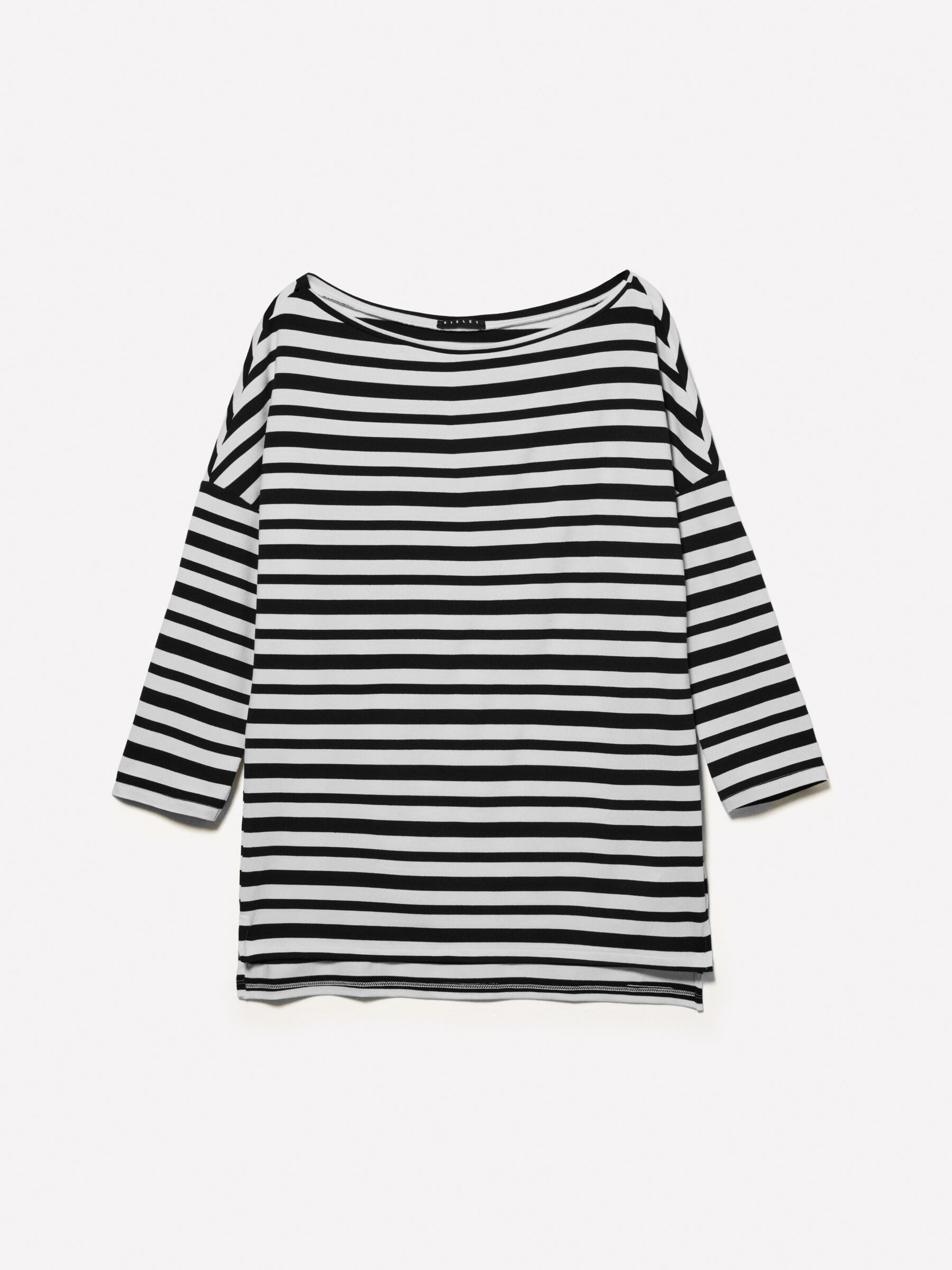 Cream and black striped t shirt with boat neck