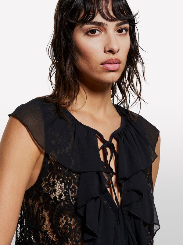 Black lace top with jabot - women's tops | Sisley