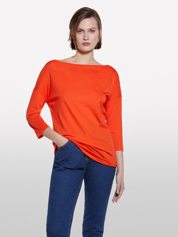 Orange t-shirt with boat neck - women's long sleeve t-shirts | Sisley