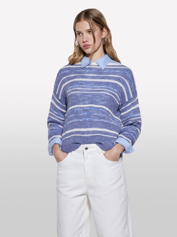 Light blue striped sweater with lurex - women's boat neck sweaters | Sisley