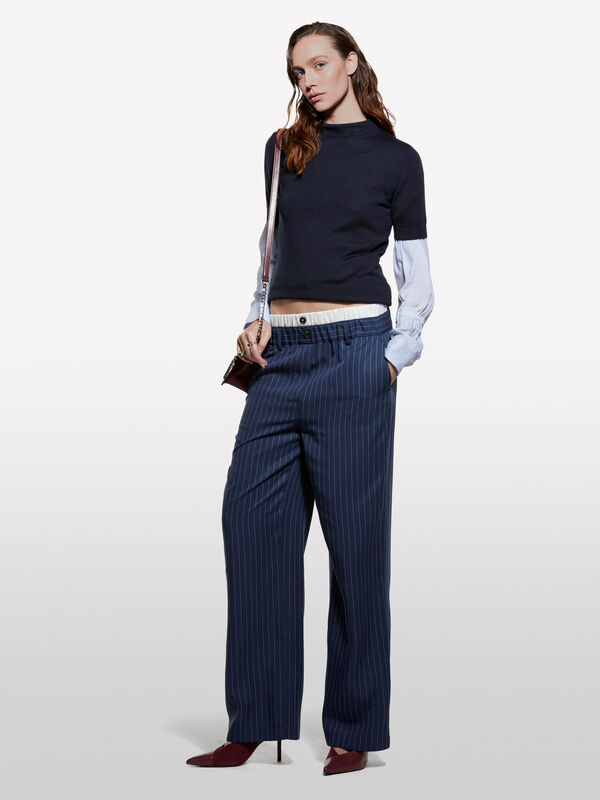 Dark blue striped trousers with boxers  - women's palazzo trousers | Sisley