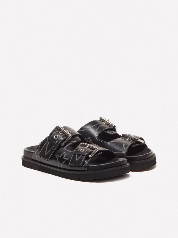 Black leather slippers with stitching - women's sandals and slippers | Sisley